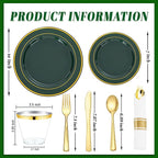 WDF Partyware 350PCS Green and Gold Plates - Green Plastic Plates 50Guests Plastic Plate with Rolled Napkins for Party/Birthday