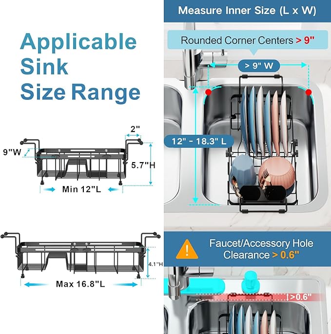 iSPECLE Small Sink Dish Drying Rack, 9" W Expandable Compact Rust Resistant Dish Drainer for RV Apartment Kitchen, Dish Rack with Lock Knob, Arms with Non Slip Rubber, Black
