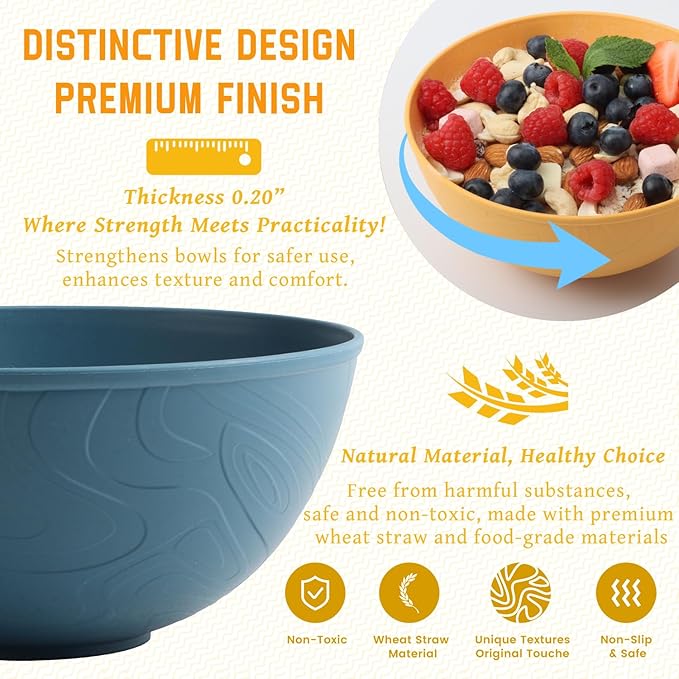 Homienly Wheat Straw Bowls Cereal Bowls 40 OZ Unbreakable Thick Soup Bowls Alternative Plastic Cereal Bowls for Kitchen, RV, Camping Microwave and Dishwasher Safe Bowl Set Reusable (Multi, 6 PCS)