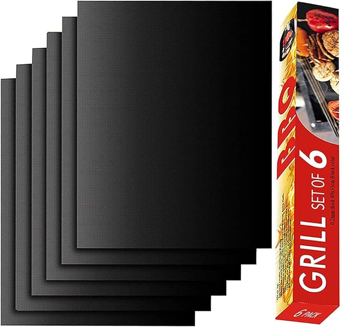 RENOOK Grill Mat Set of 6-100% Non-Stick Reusable Mats for Gas, Charcoal or Electric Grills - Easy to Clean - 15.75 x 13-Inch, Black
