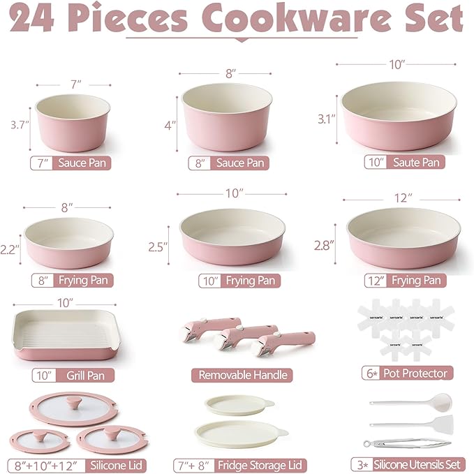 SENSARTE 24 Piece Ceramic Pots and Pans Set, Nonstick Detachable Handle Cookware, Induction Kitchen Cookware Set with Removable Handle, Healthy Non Stick for RV, Dishwasher＆Oven Safe, PFOA Free (Pink)