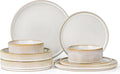 LIANYU 8 Piece Stoneware Plates and Bowls Dishes Set for 2, Dinnerware Sets with Pasta Bowls, Ribbed Dining Ware Dishware for Home Wedding, Microwave and Dishwasher Safe, Dawn Beige