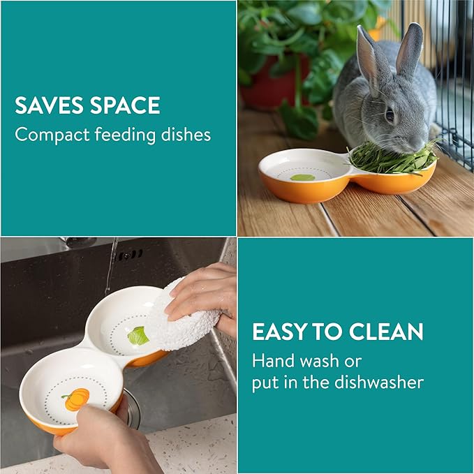 Navaris Twin Feeding Bowls for Small Pets - Durable Double Ceramic Bowl Set for Rabbits, Guinea Pigs - Ideal Food & Water for Kitten, Puppy - Space-Saving & Easy to Clean - Orange