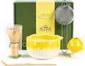 Matcha Whisk Making Kit Set With Mushroom Design Ceramic Bowl And Bamboo Set For Japanese Matcha Tea Ceremony, Yellow
