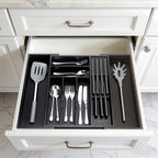 9-Piece Bamboo Kitchen Drawer Organizer Set, Expandable Silverware &Utensil Organizer with Removable Knife Block & Steak Knives, Flatware Organization, Tableware Dividers Storage(Black)