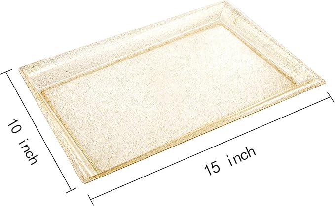 I00000 6 Pack Gold Glitter Plastic Serving Tray, 15" x 10" Crooked Food Trays, Clear Disposable Serving Platter for Parties, Weddings