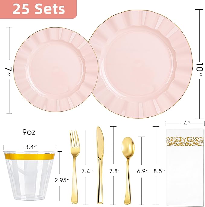 175PCS Gold and Pink Plastic Dinnerware Set, Plastic Party Plates for 25 Guests, 50 Disposable Plates, 25 Heavy Duty Silverware, 25 Cups, 25 Napkins for Party and Wedding
