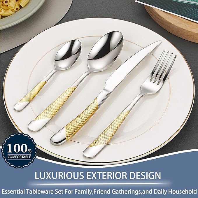 Gold Silverware Set, Caliamary 24 Pieces Flatware Set with Silverware Holder, Stainless Steel Knives and Forks and Spoons Cutlery Set Service for 6, Kitchen Utensil Tableware Set with Antiskid Handle