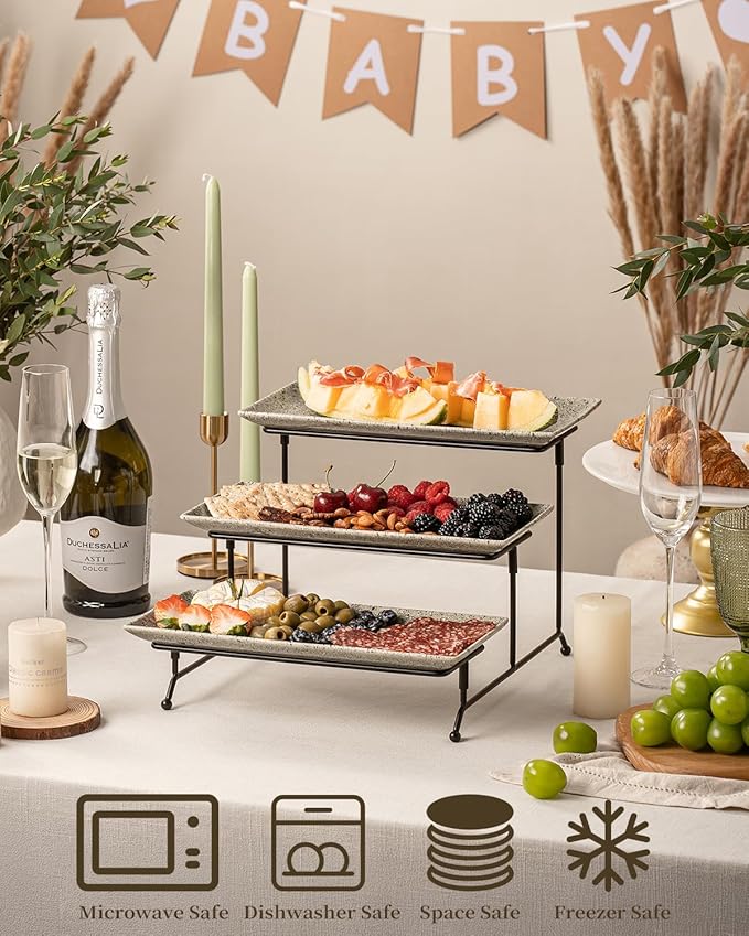 LAUCHUH 3 Tier Serving Tray, Porcelain Serving Platters and Trays for Party 12 Inch Tiered Tray Stand Cupcake Stand with Collapsible Sturdier Rack for Mother's Day Serving Food, Speckled Gray