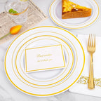 I00000 350Pcs Gold Dinnerware Set for 50 Guests, Gold Plastic Plates for Party, Include: 100 Disposable Plastic Plates, 50 Paper Napkins, 50 Cups, 50 Silverware Set Perfect for Party & Wedding