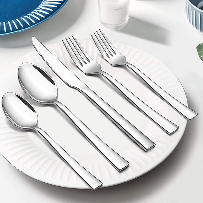 30-Piece Silverware Set, E-far Stainless Steel Flatware Set Service for 6, Modern Tableware Cutlery Set for Home and Restaurant, Square Edge & Mirror Finish, Dishwasher Safe