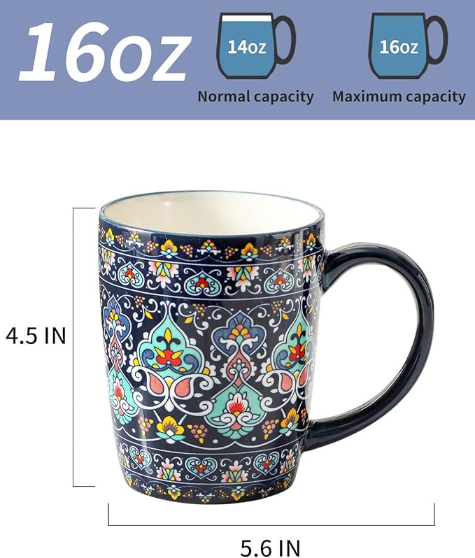 glowworm 16 oz Coffee Mugs Set of 4, Large Ceramic Coffee Cups, Colorful Mugs Set with Handles for Latte, Hot Cocoa, Tea, Housewarming Gift, Dishwasher & Microwave Safe, Bohemian