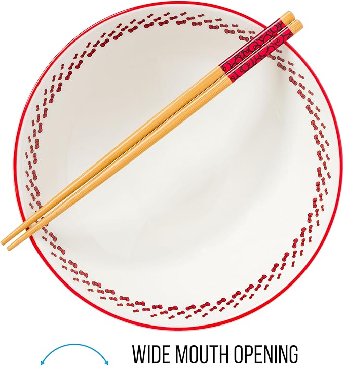 Silver Buffalo Hello Kitty Red Stripes and Bows Ceramic Ramen Noodle Rice Bowl with Chopsticks, Microwave Safe, 30 Ounces