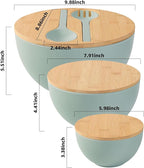ECOWAY Salad Bowls Set of 3 with Lid & Serving Utensils, Bamboo Fiber Mixing Bowls Set Large Serving Bowls & Storage Set with Bamboo Lid for Salad, Kitchen Eating, Pasta, Popcorn, Chips, Fruit, Cyan