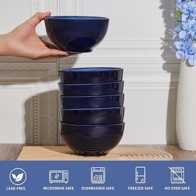 Pokini 22 Oz Ceramic Cereal Bowls, 5.5 Inch Microwave & Dishwasher Safe Lead-free Soup Bowls Light Blue Bowls for Kitchen for Pasta Oatmeal Salad Dessert