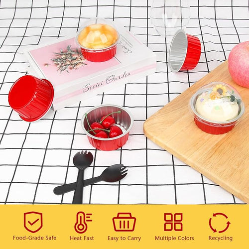 5oz Cupcake Pans Muffin Tins 100 Pack,LNYZQUS Aluminum Foil Mini Cake Baking Cups with Dome Lids,Disposable Ramekins Cupcake Liners,Small Cake Mini Pie Baking Pan for Christmas -Red