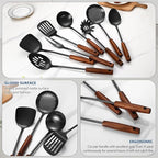 304 Stainless Steel Kitchen Utensils Set, 8 Pcs Long Cooking Utensils Set with Wooden Handle, Large Heat Resistant Kitchen Tools(Black, Dishwasher Safe)