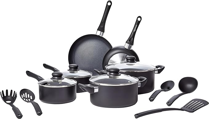 Amazon Basics Non-Stick Kitchen Cookware 15-Piece Set with Stay-Cool Handles, Even Heating, Non-Induction, Includes Pots, Pans, and Utensils, Black