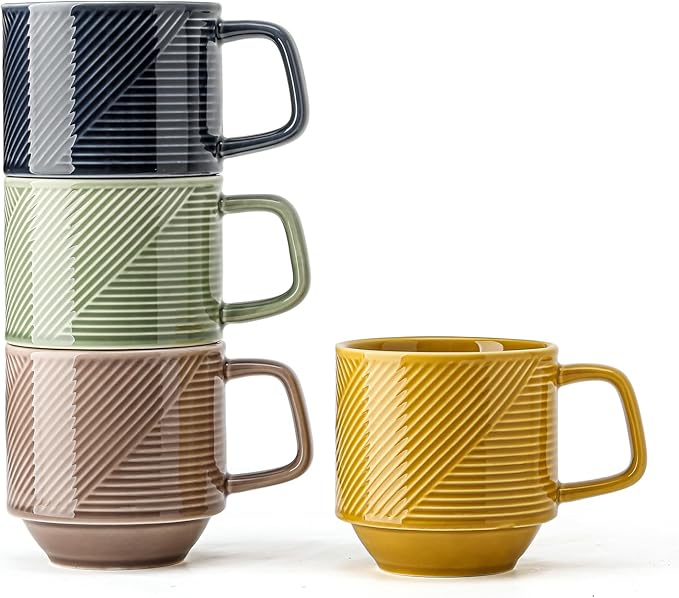 Stackable Coffee Mugs Set: 13 oz Ceramic Stacking Cups for Cappuccino Latte Tea - Microwave Safe Mug for Home & Office - 4 PCS, 4 Color Assorted