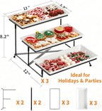 Farielyn-X 3 Tier Serving Tray, 12" White Plastic Tiered Food Serving Platters, Reusable Tray Stand Black Collapsible Metal Stand with Stable Cross Bars, Party Display Stands for Veggie Fruit, Dessert