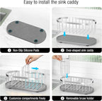 Sponge Holder for Kitchen Sink with High Brush Holder, [Stay-Dry Anywhere & No Drainage Needed] Rustproof Stainless Steel Kitchen Sink Caddy Organizer with Water Absorbing Stone Tray, Silver