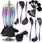 Silicone Cooking Utensils Set, 17pcs Kitchen Utensil Set with Rotatable Holder, Heat-Resistant Silicone Utensils for Cooking, Non-Stick Spatula Set with Stainless Steel Handle,Turner,Ladle (Rainbow)
