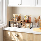 HOOBRO Spice Rack Set of 2, Kitchen Counter Organizer, Kitchen Storage, Cabinet Organizer Shelf, Nest, Stackable, Side-by-Side & L-Shape for Cabinet, Kitchen, Rustic Brown and Black BF33TL01
