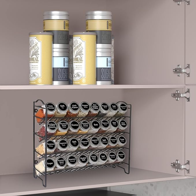 SWOMMOLY Spice Rack Organizer with 32 Glass Spice Jars, 396 Spice Labels, Chalk Marker and Funnel Complete Set, for Cabinet, Countertop, Cupboard or Wall Mount, Black