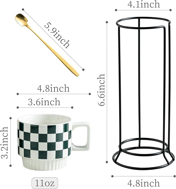 Miamolo Stackable Coffee Mugs with Stand, Checkered Coffee Mug Set of 4, 11oz Espresso Cups for Beverages, Stacked Mug Set with Spoons for Christmas Housewarming Birthday Gift, Dishwasher Safe