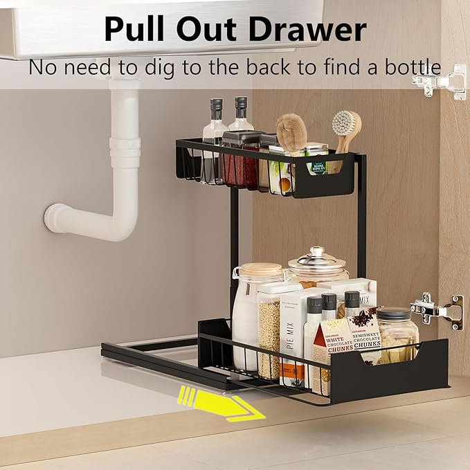 Ceetug Under Kitchen Sink Organizers and Storage Pull Out 2 Tier Metal Bathroom Cabinet Organizer (Black, 1 Pack)