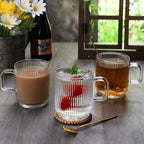 Clear Glass Coffee Mug Set of 4, 12 Ounces Ribbed Glassware with Spoon, Classic Vertical Stripes Tea Mugs for Soda, Latte, Espresso, Cappuccino, Gift for Birthday Holidays Wedding Anniversary