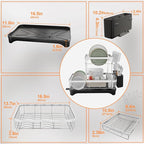 Dish Drying Rack - 2-Tier 304 Stainless Steel Dish Rack for Kitchen Counter , Adjustable Spout Auto-Draining Dish Rack, Kitchen Organizers and Storage Rack with Drainboard and Cutlery Holder Black