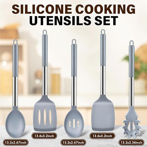 5Pcs Silicone Cooking Utensils Set, Heat Resistant Kitchen Tools Include Solid&Slotted Spatula, Cooking Spoon and Pasta Server, Silicone Kitchen Utensils set for Nonstick Cookware Flipping, Gray