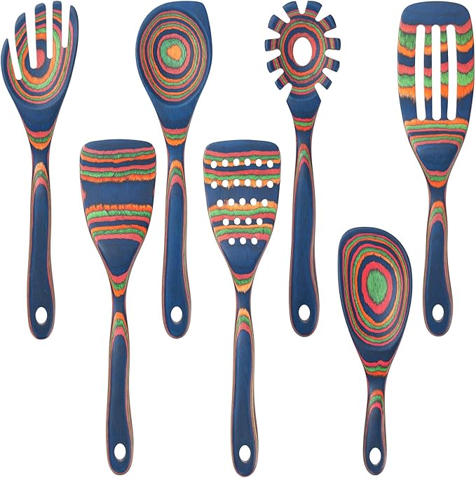 7 Pcs Wood Cooking Utensils Set, Wooden Kitchen Utensil Set for Cooking, Wooden Cooking Spoons & Spatulas, Safe for Non-Stick Cookware, Blue