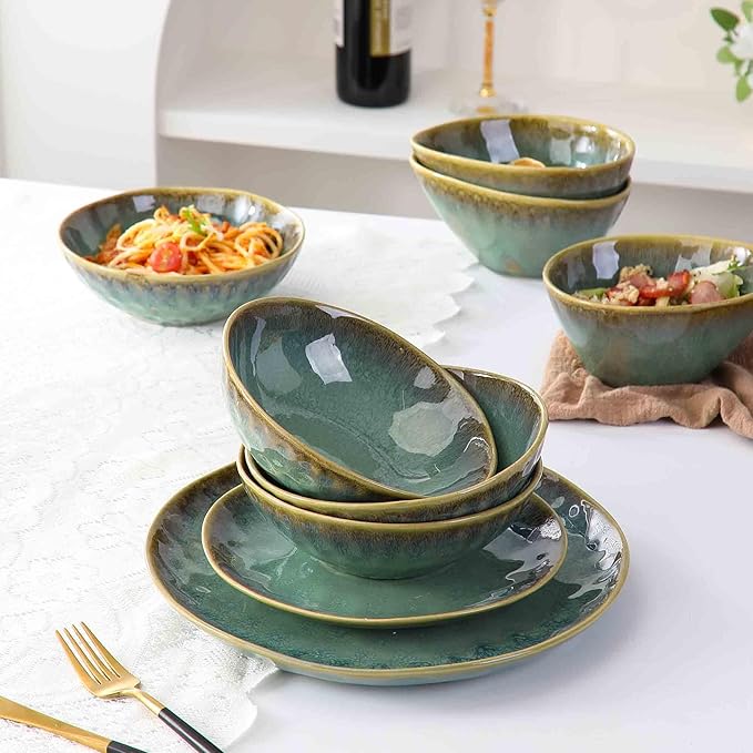 Henten Home Ceramic Soup Bowl Set, 25 oz Cereal Bowls Set of 4, Porcelain Salad Bowls Set, Stoneware Serving Bowls for Kitchen, Microwave& Dishwasher Safe, Reactive Glaze (Green)