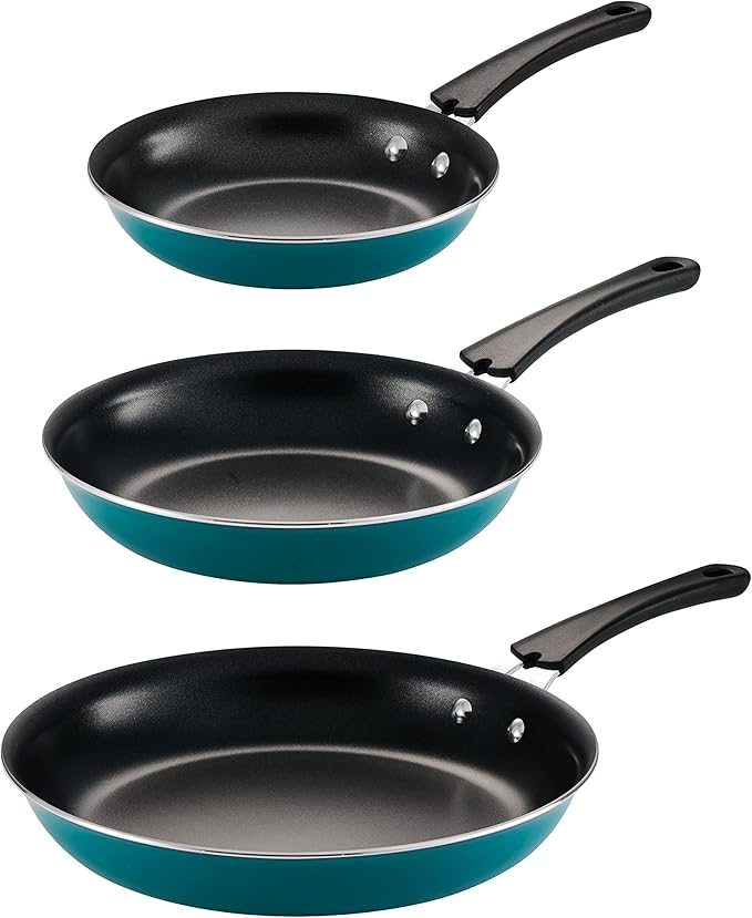 Tramontina Porcelain Enamel Non Stick 3-Pack Frying Pans, Skillet Set with Reinforced Nonstick Coating, Dishwasher and Oven Safe (Teal)