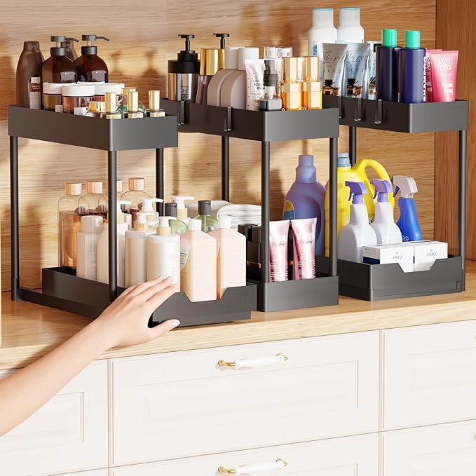 Simple Trending 2-Tier Under Sink Organizers and Storage, Multi-Purpose Pull-Out Storage Organizers, Stackable Cabinet Organizer Shelf for Kitchen, Bathroom, Black, 3 Packs