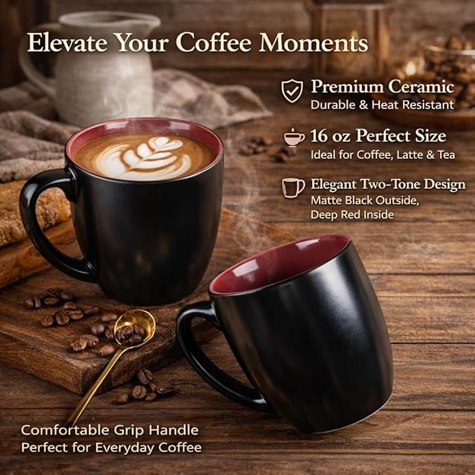 GBhome 12oz Coffee Mugs Set of 6, Large Ceramic Coffee Mugs for Man, Woman, Dad, Mom, Modern Coffee Mugs Set with handle for Tea/Latte/Cappuccino/Milk/Cocoa. Dishwasher&Microwave Safe,Red