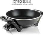 OVENTE Electric Wok with Nonstick Coating, 13 Inch Family-Sized Skillet, 1400W Power, Adjustable Temperature, Tempered Glass Lid, Cool Touch Handles and Easy to Clean Frying Surface, Black SK3113B