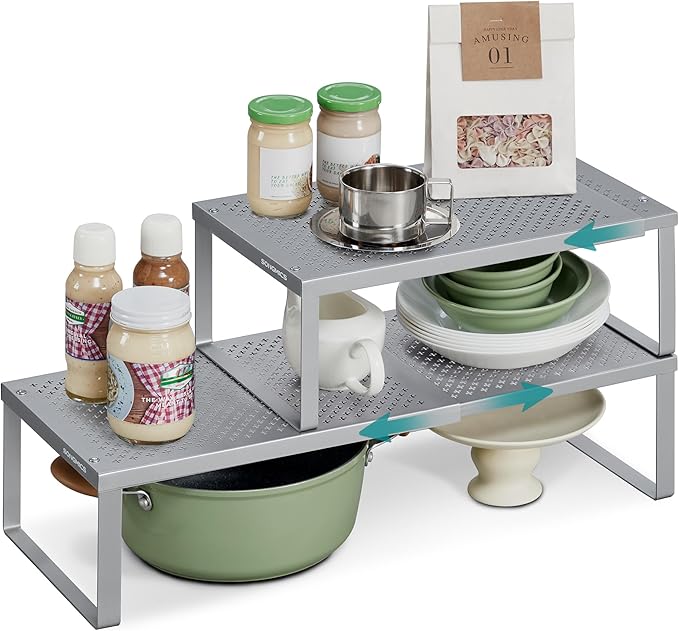 SONGMICS Spice Racks, Set of 2 Expandable Kitchen Countertop Shelves, Small Cupboard Organizers, Metal, Space-Saving Tabletop Shelves, Silver UKCS402FG01
