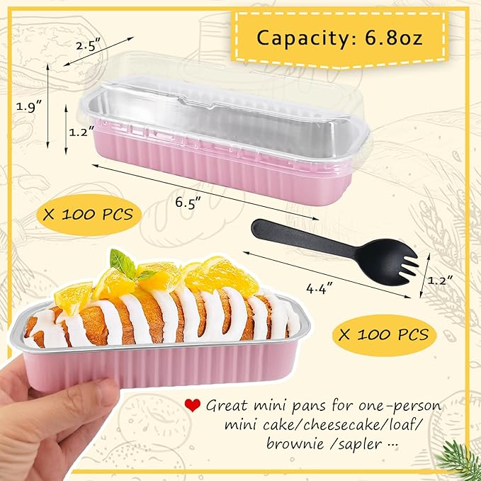 6.8oz Mini Loaf Pans with Lids 100 Pack,LNYZQUS Rectangle Aluminum Pans Mini Cake Tins,Disposable Baking Pan Small Cake Containers for Brownie Bread Cheesecake-Pink