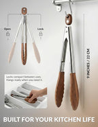 Boxiki Kitchen 9 Inch Tongs for Cooking with Wooden Tips - Nonstick Kitchen Tongs for Serving Food, Grilling, Cooking, BBQ and Tossing Salad - Made of Natural Walnut Wood