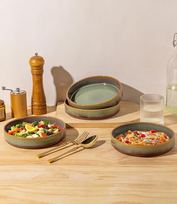 theterra 7.5'' Ceramic Pasta Bowls, Salad Bowls Set of 4, Stoneware Serving Bowls for Fruits, Noodle, Dinner, House-warming Wedding Present, Sage Umber