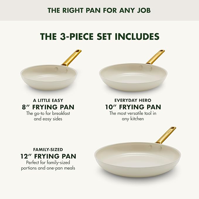 GreenPan Hard Anodized Healthy Ceramic Nonstick 8" 10" & 12" 3 Piece Frying Pan Skillet Set, Gold Handle, PFAS-Free, Dishwasher Safe, Oven Safe, Cream White