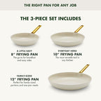 GreenPan Hard Anodized Healthy Ceramic Nonstick 8" 10" & 12" 3 Piece Frying Pan Skillet Set, Gold Handle, PFAS-Free, Dishwasher Safe, Oven Safe, Cream White