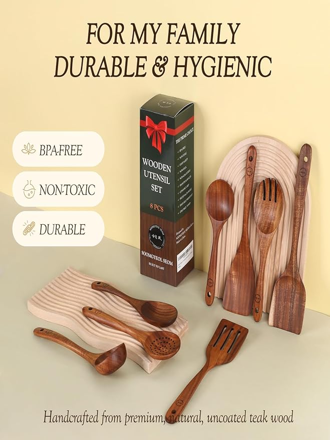 8-Piece Natural Teak Wood Utensil Set - Essential Nonstick Cooking Spoons & Spatulas, Eco-Friendly Tools