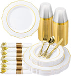 realluck 175 Piece White Gold Plastic Dinnerware Set for 25 Guests Elegant Baroque Disposable Dinnerware for Weddings, Parties, 50 Plastic Plates, 25 Pre Rolled Napkins with Silverware, 25 Cups