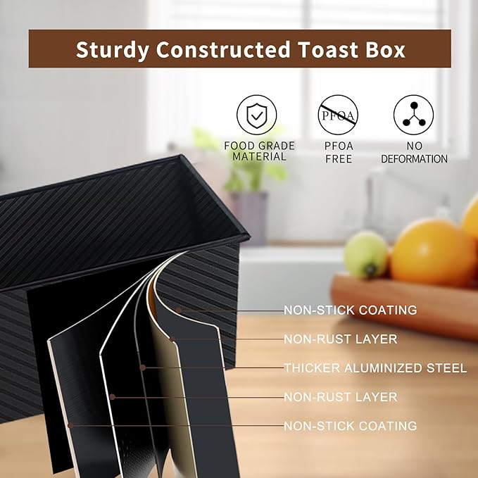 Black Pullman Loaf Pan with Lid, 13x5 Inch Aluminized Steel Pullman Bread Pan with Cover, 2.2LB & 1LB Dough Capacity, 2 Pack Sandwiches Bread Loaf Pan Nonstick, for Sourdough and Toast
