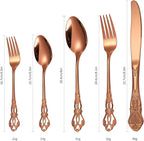 Royal Flatware Set for 4 Copper/Rose Gold Silverware Stainless Steel Cutlery 20 Piece With Vintage Relief Deisgn Kitchen Utensils Retro Forks Spoons Knives Parties Daily Use