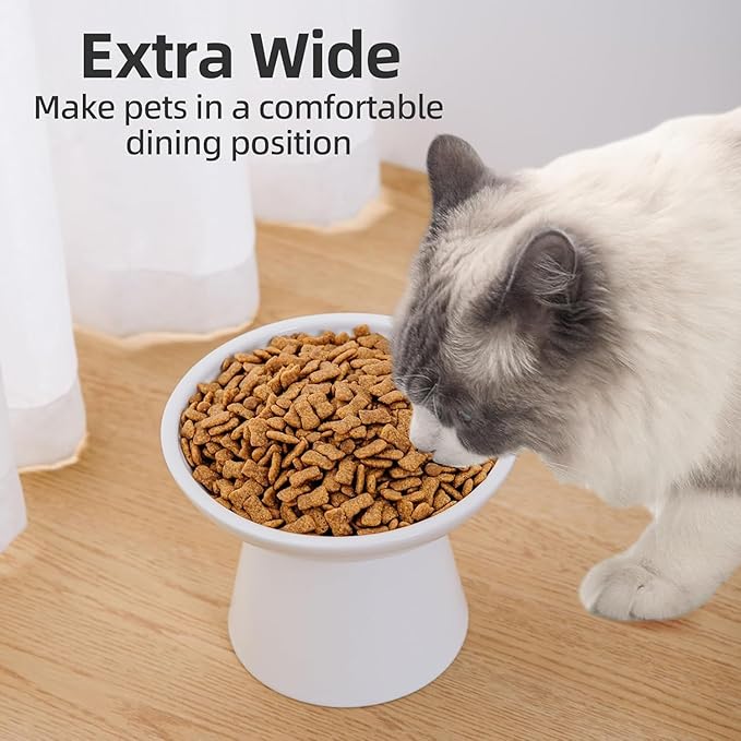 6.2 Inch Extra Wide Elevated Ceramic Cat Bowls, Food and Water Bowl Set for Elder Big Cats Small Dogs, Raised Design for Pet Easy Eating, Protect Cat's Spine Set of 4(White)